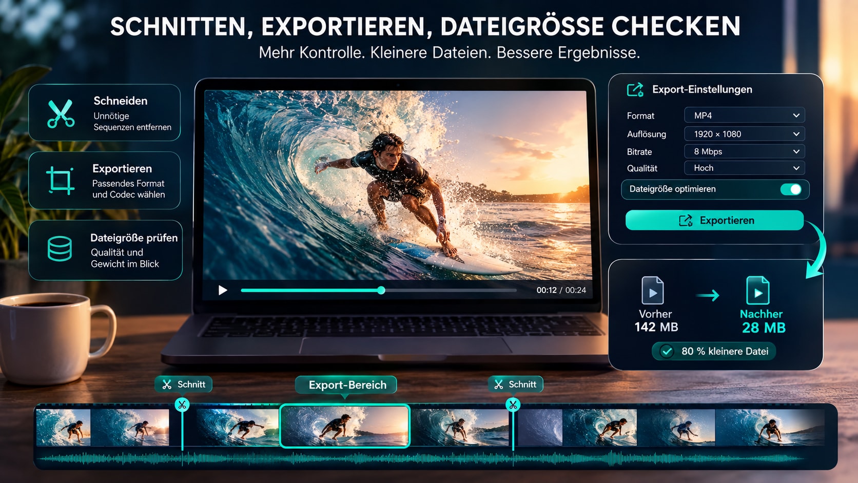 Filmora Timeline mit Schnitt Export und Dateigroesse Check