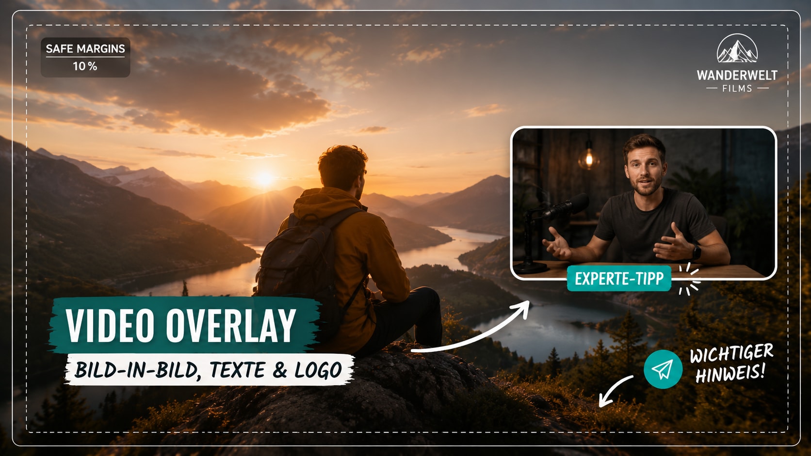 Video Overlay mit Hauptclip Bild-in-Bild Fenster Textlabel Logo Pfeil und Safe Margins