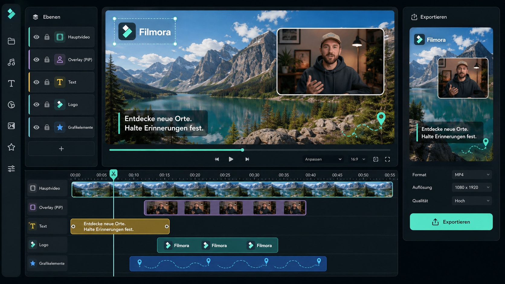 Filmora Timeline mit Hauptvideo Overlay-Spur Bild-in-Bild Textspur Logo Elementen und Exportvorschau