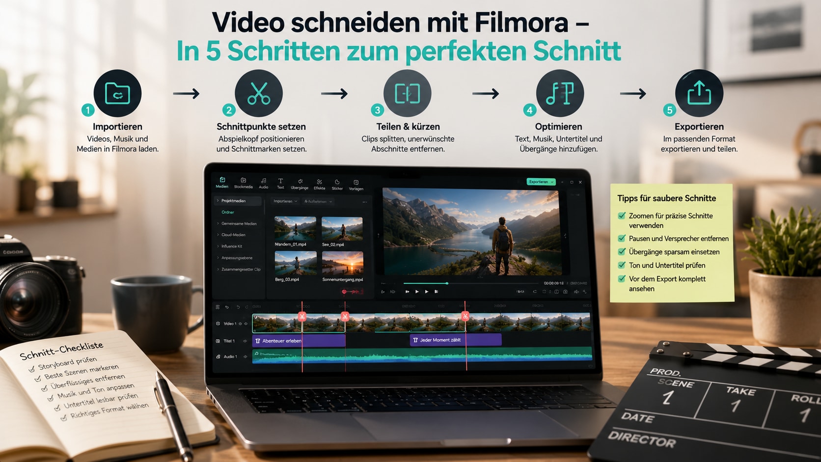 Filmora Timeline mit Schnittmarken zum Video schneiden