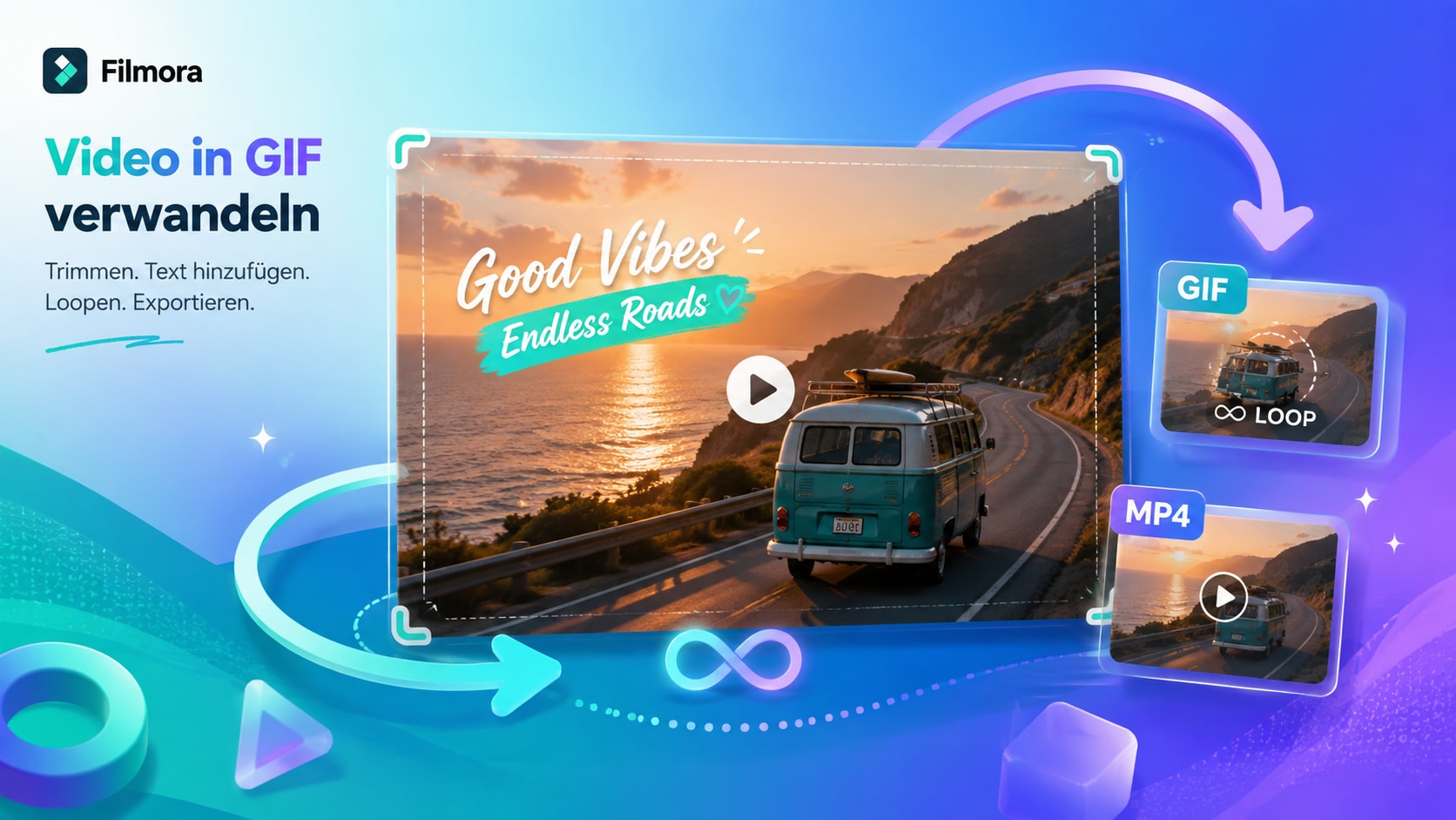 Filmora Timeline mit getrimmtem Clip Text Overlay Loop Vorschau und Exportoptionen