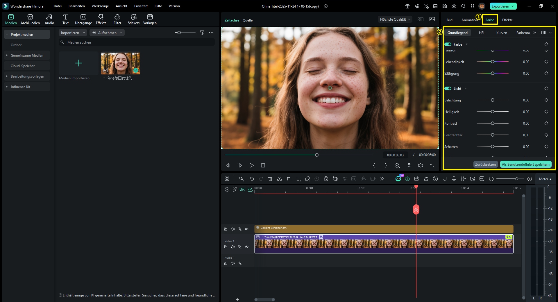 Weißabgleich, Belichtung, HSL für Haut, Konsistenz