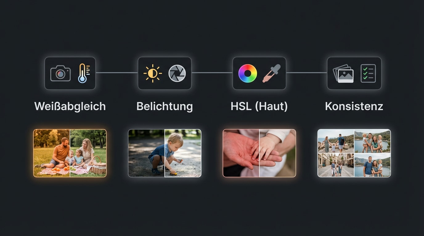 Vier Schritte: Weißabgleich, Belichtung, HSL für Haut, Konsistenz
