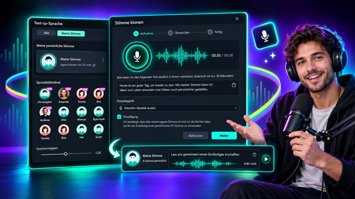 Eigene Stimme aufnehmen und für Text-to-Speech in Filmora klonen