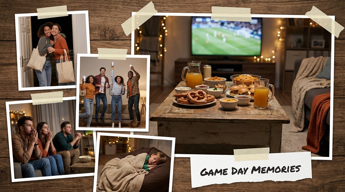 Verschiedene Szenen einer Fußball Watch Party mit Freunden und Familie