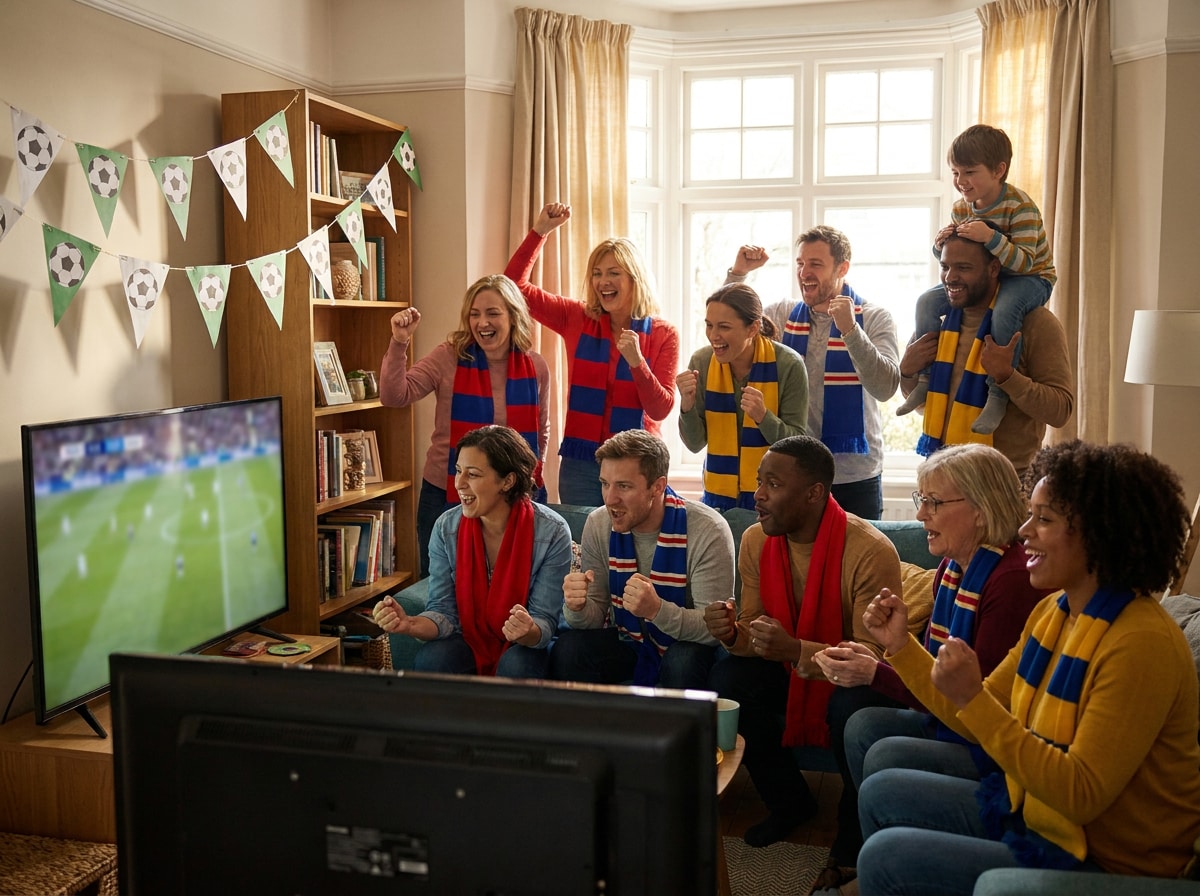 Freunde und Familie erleben gemeinsam eine Fußball Watch Party mit starken Emotionen