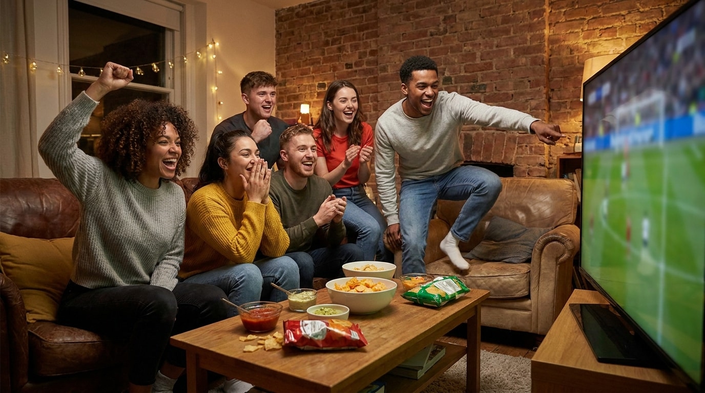 Eine realistische Gruppe junger Erwachsener schaut gemeinsam zu Hause ein Fußballspiel