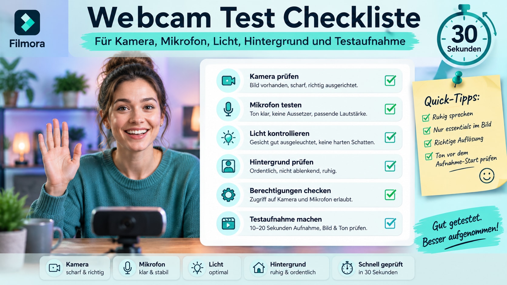 Webcam Test Checkliste Kamera Mikrofon Licht Hintergrund