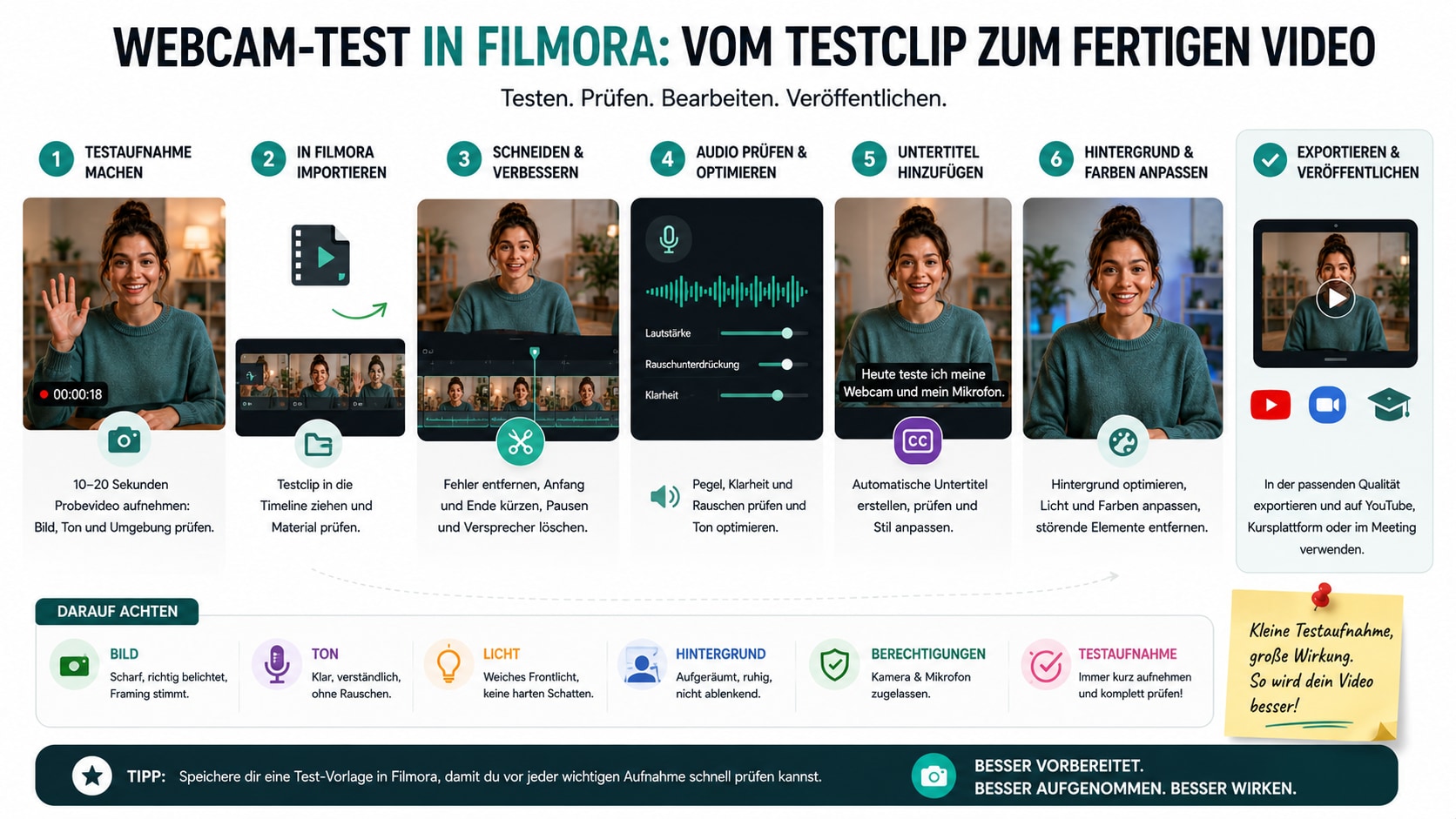 Webcam Video in Filmora schneiden untertiteln und Hintergrund bearbeiten