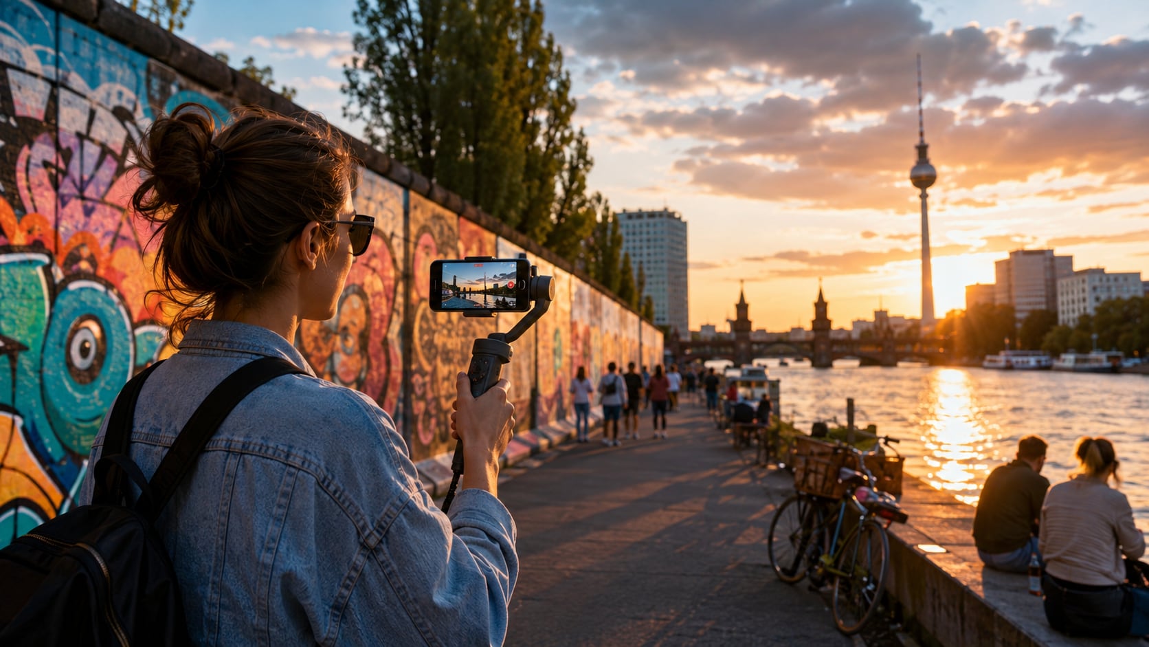 Weekend City Recap an der Berliner East Side Gallery bei Sommer-Golden-Hour - Filmemacherin filmt mit Smartphone-Gimbal vor der Spree
