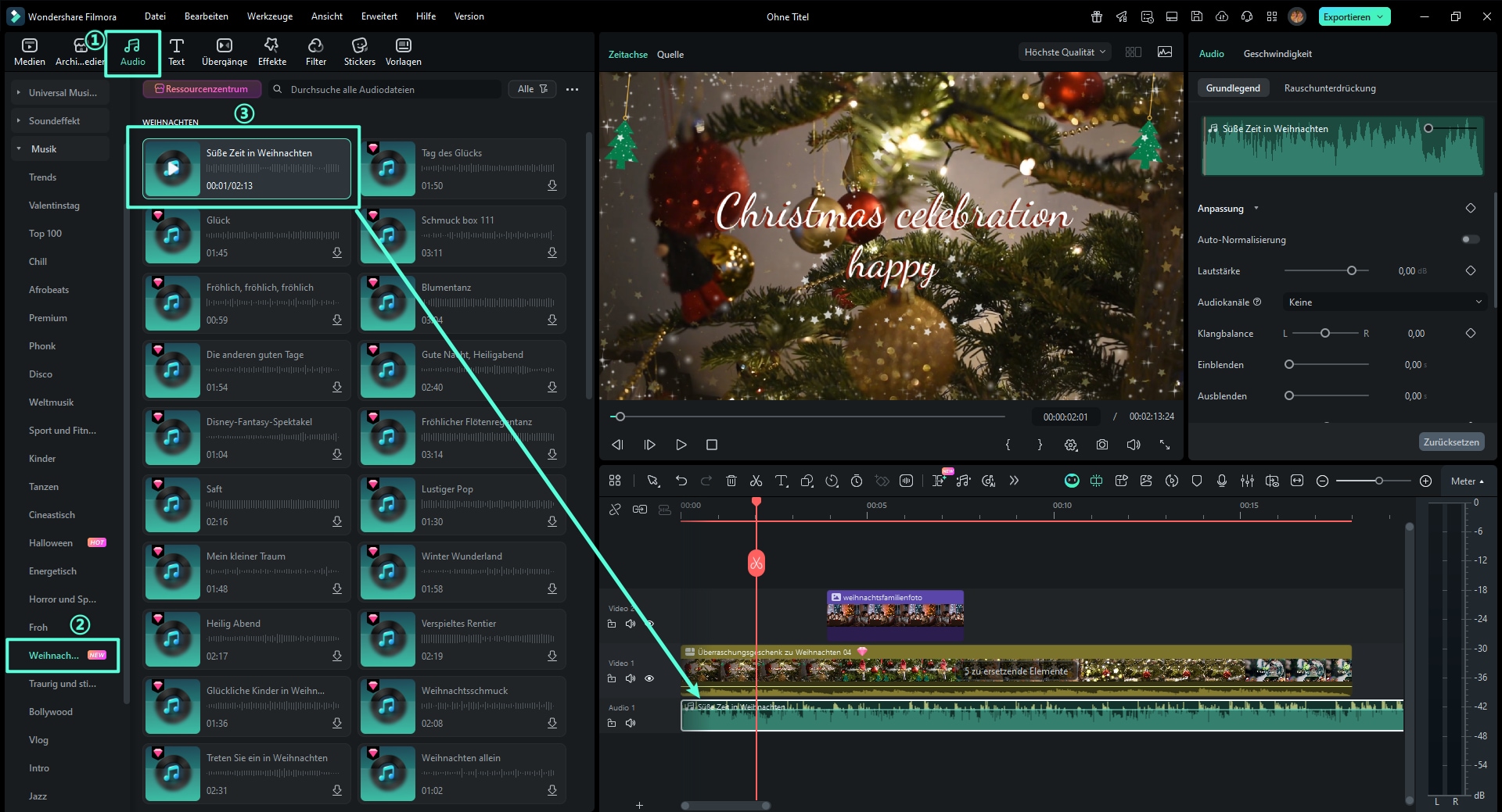 Filmora Audio-Bibliothek mit Weihnachtsliedern und Soundeffekten