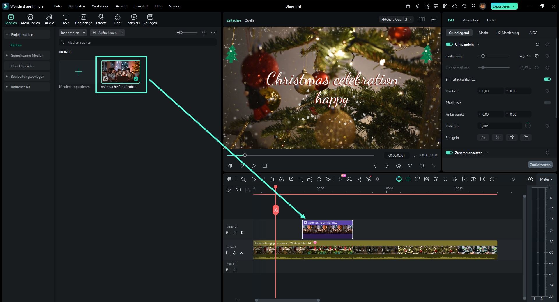 Filmora Timeline mit arrangierten Weihnachtsfotos und Übergängen