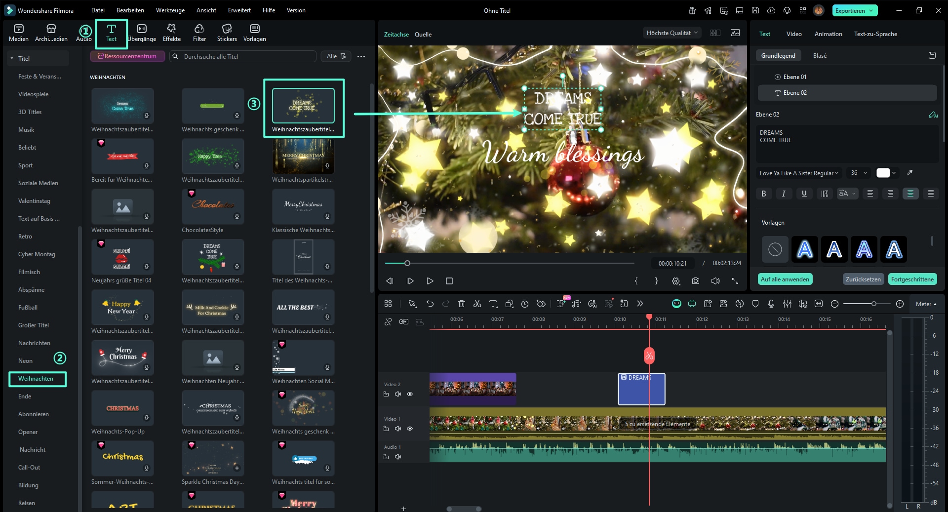 Filmora Text-Editor mit animierten Weihnachts-Titeln