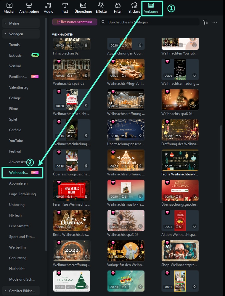 Filmora Weihnachtsvorlagen-Bibliothek mit festlichen Templates