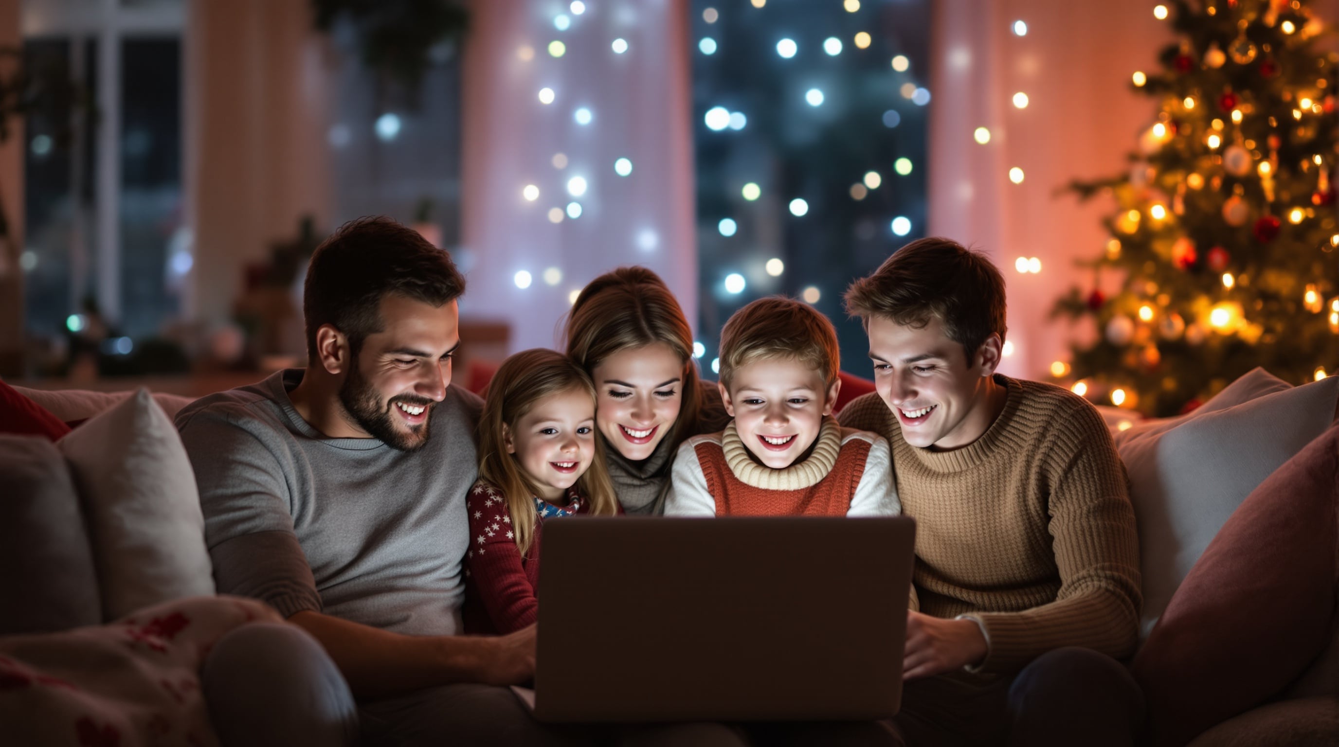 Familie erstellt gemeinsam ein Weihnachtsvideo mit Fotos am Computer