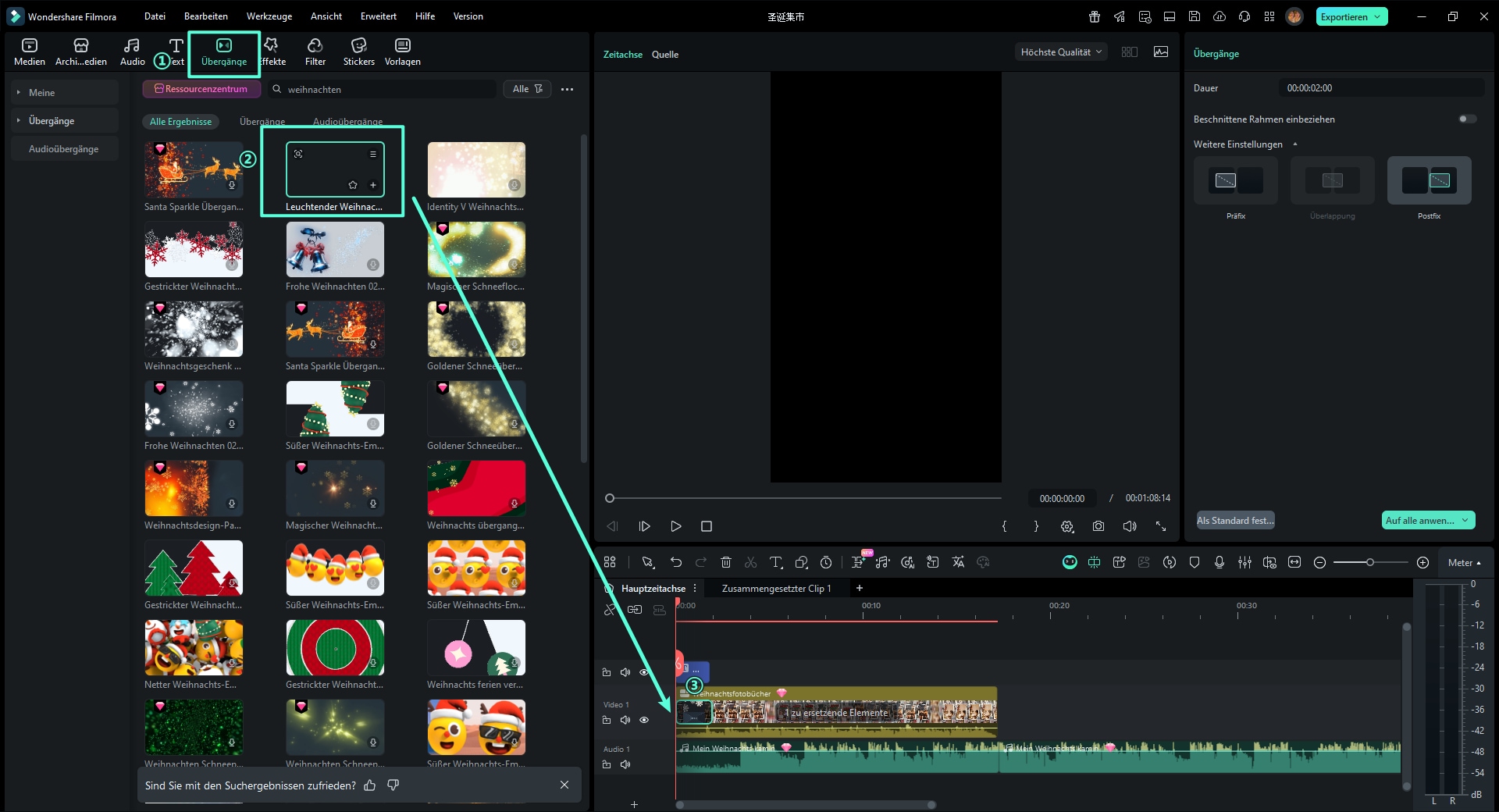 Ziehen Sie den gewünschten Übergang zwischen zwei Clips auf der Timeline