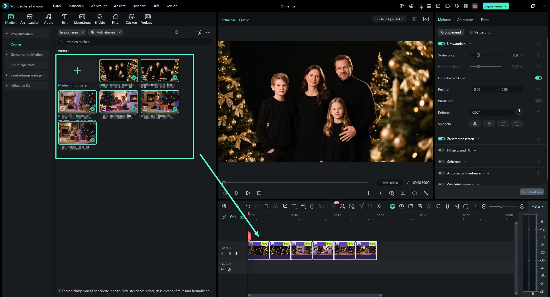 Ziehen Sie alle ausgewählten Fotos per Drag Drop in die Medienbibliothek.