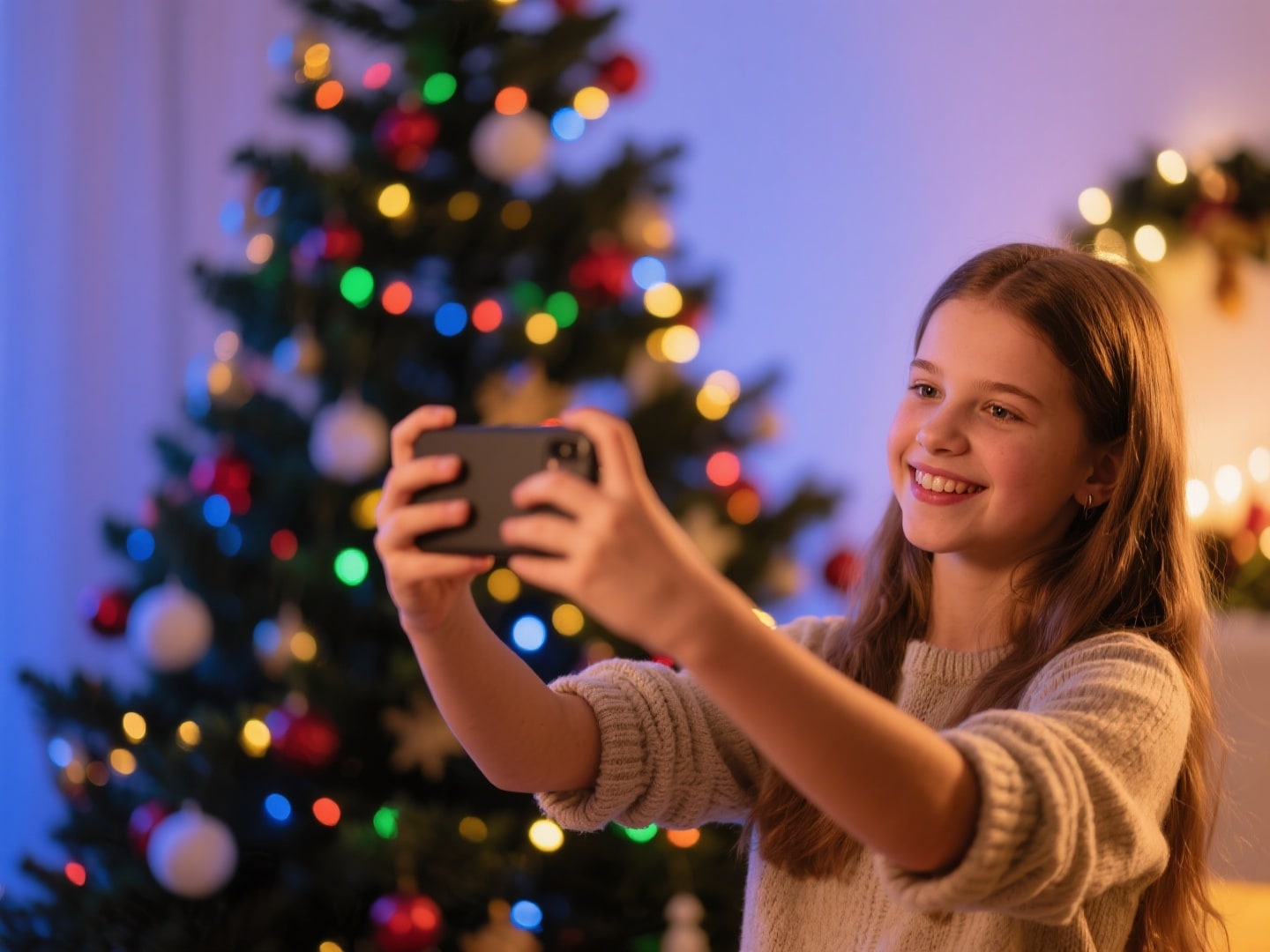 Person erstellt entspannt ein Weihnachtsvideo am Smartphone, im Hintergrund festlich dekorierter Weihnachtsbaum mit warmem Licht