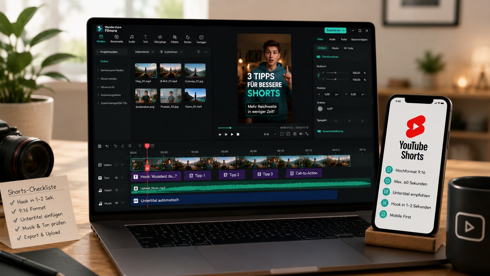 Filmora Timeline im Hochformat zum YouTube Shorts erstellen