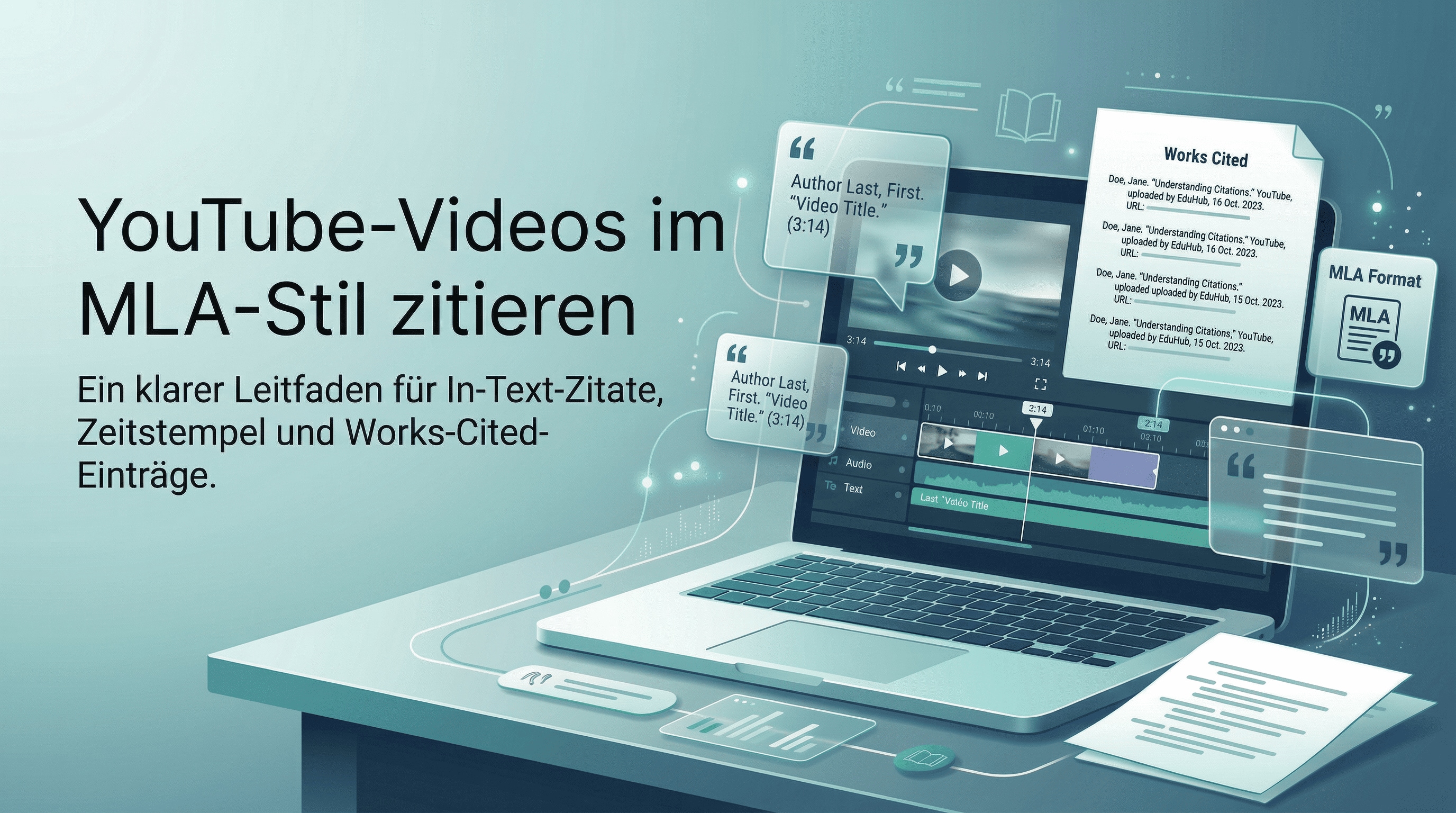Illustrative Blog-Headergrafik zu MLA-Zitaten für YouTube-Videos mit Laptop, Videoplayer, Zeitstempeln und Works-Cited-Elementen im akademischen Stil für kreative Software-Webseiten