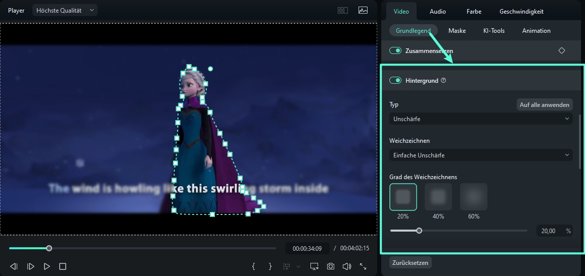 Da durch die Freistellung eine Lücke im Hintergrund entsteht, müssen Sie diese füllen. Nutzen Sie dafür die KI-Tools von Filmora oder einen einfachen Unschärfe-Effekt auf dem Hintergrundclip.
