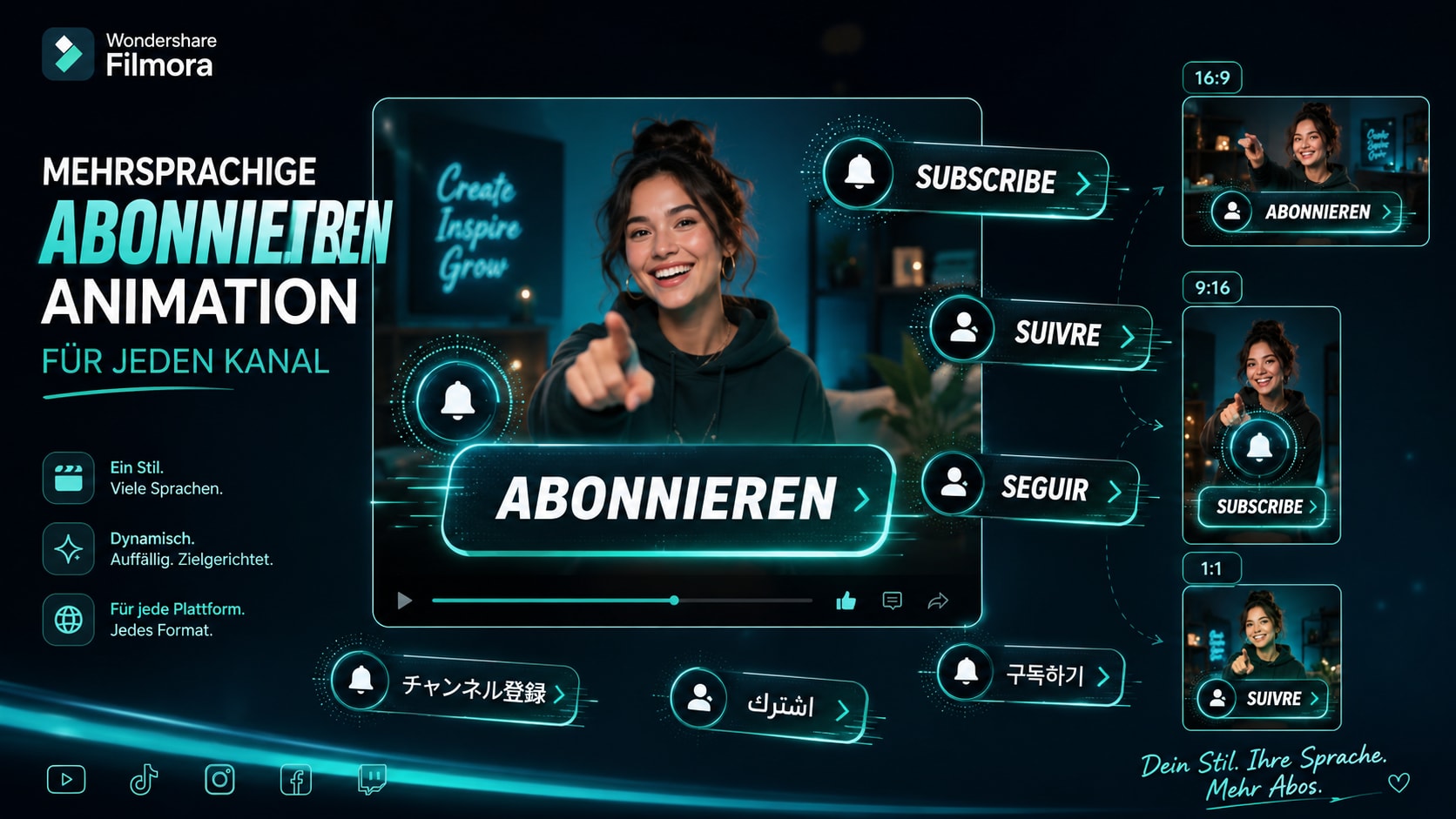 Mehrsprachige Abonnieren Animation mit Abonnieren, Subscribe und Follow als animierte CTA-Texte für Social Media.