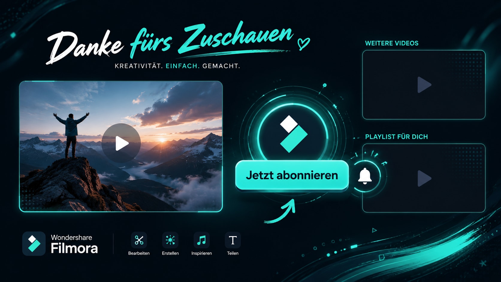 YouTube Endscreen mit animiertem Abo Button, Videoplatzhaltern und Danke fürs Zuschauen Text.
