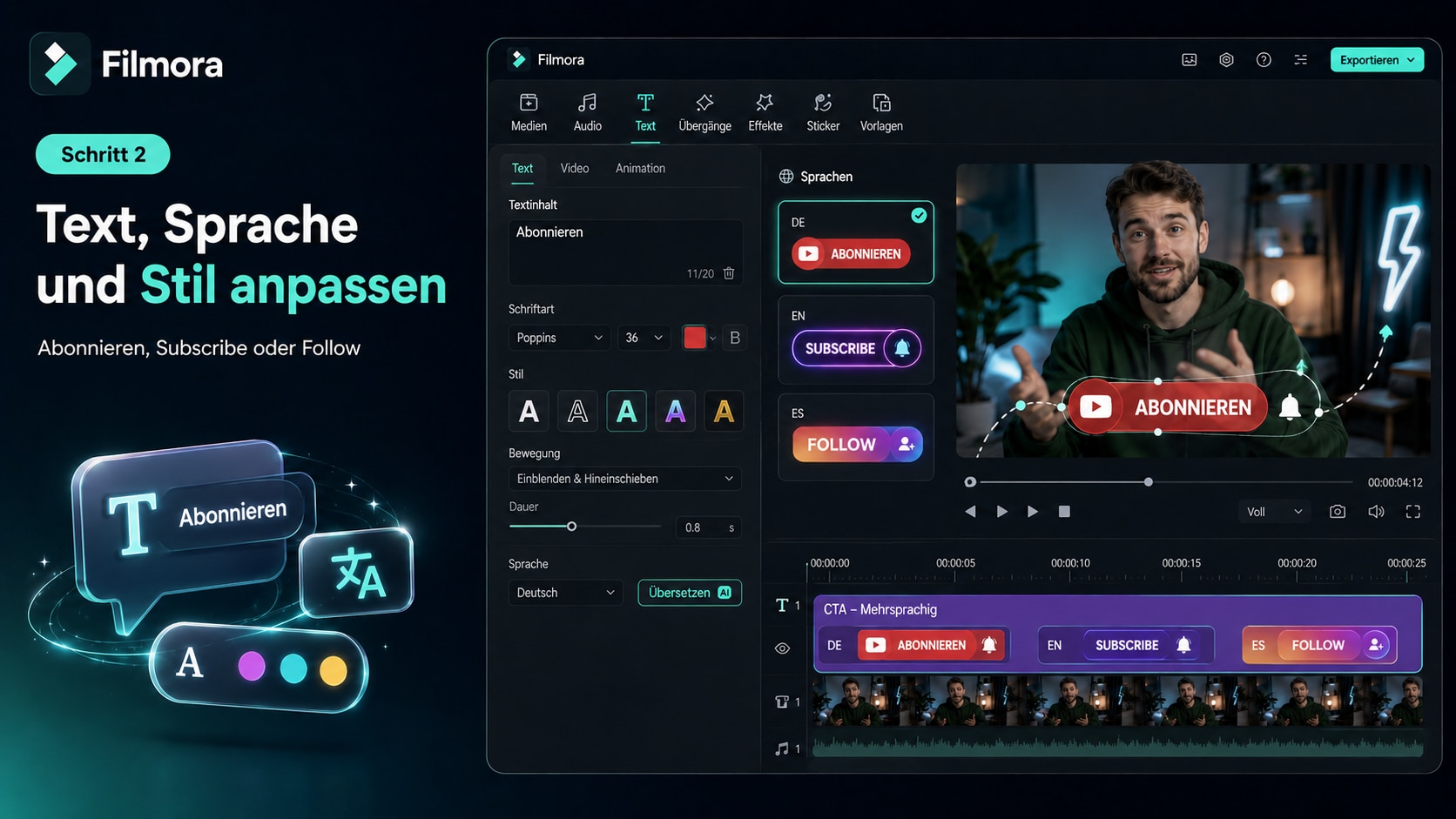 Mehrsprachigen CTA Text, Schrift und Farben in Filmora anpassen.