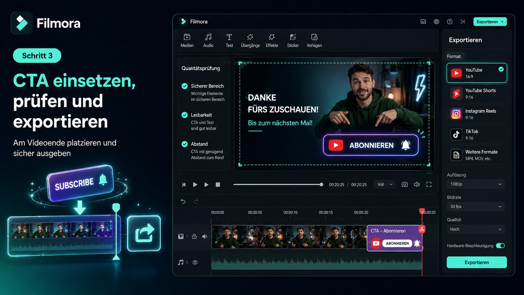 Abo Reminder Animation in der Filmora Timeline platzieren und exportieren.