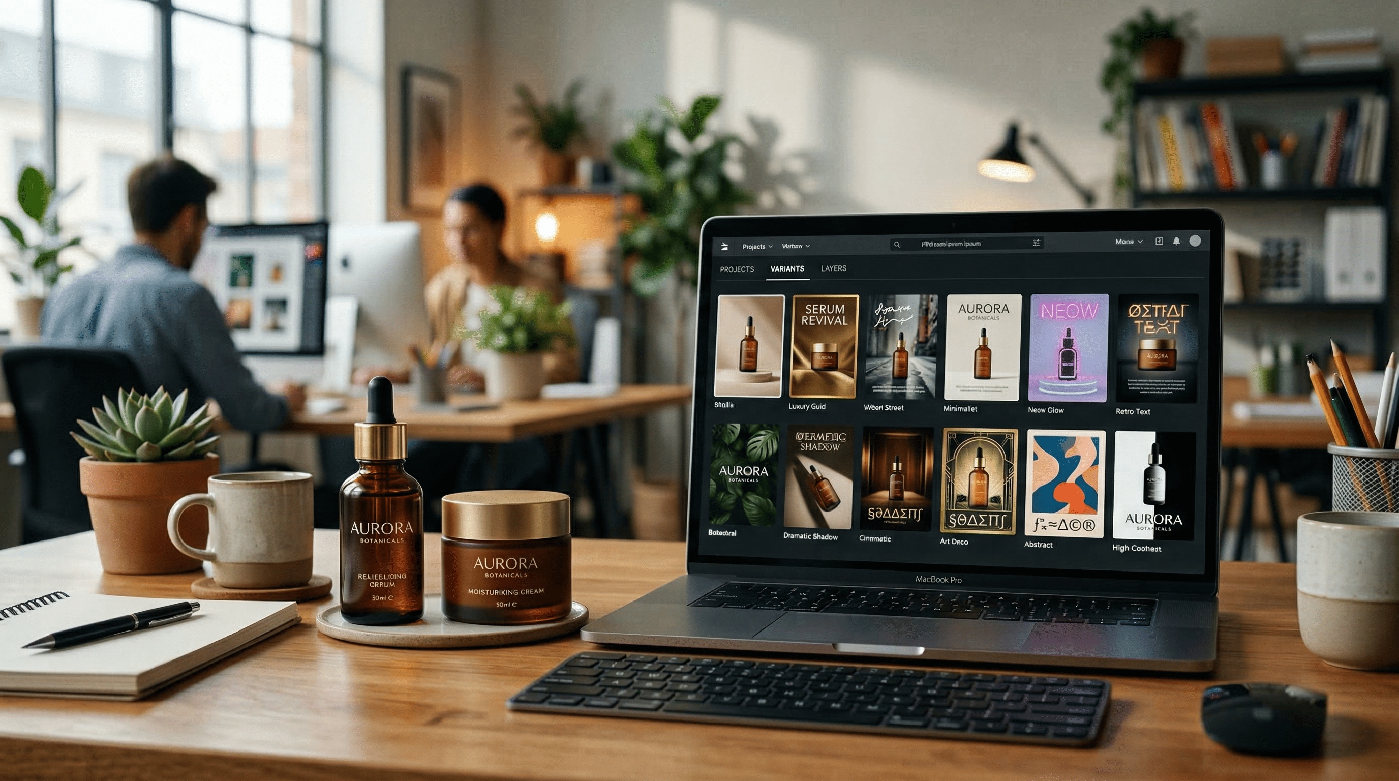 Kreativstudio mit Premium-Hautpflege, Laptop zeigt mehrere Werbeplakat-Varianten in unterschiedlichen Styles, realistische Produktfotografie, promptbasiertes Design für TikTok und Instagram Ads.