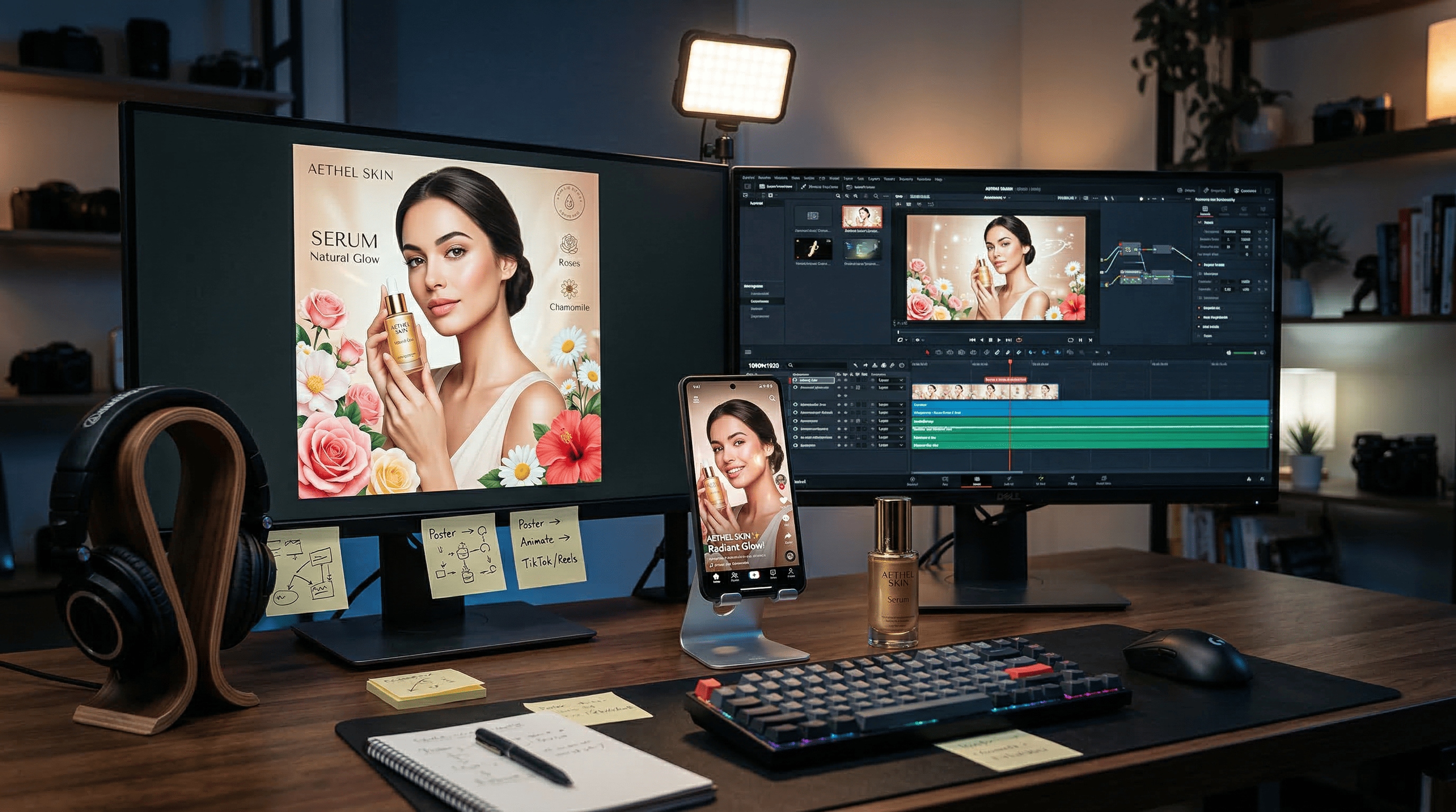 Creator-Desk mit Monitor, Schnitt-Timeline und Smartphone: aus Hautpflege-Poster wird Short-Video für Reels/Shorts, mit Screen-Glow, Übergängen und Social-Ads Fokus.
