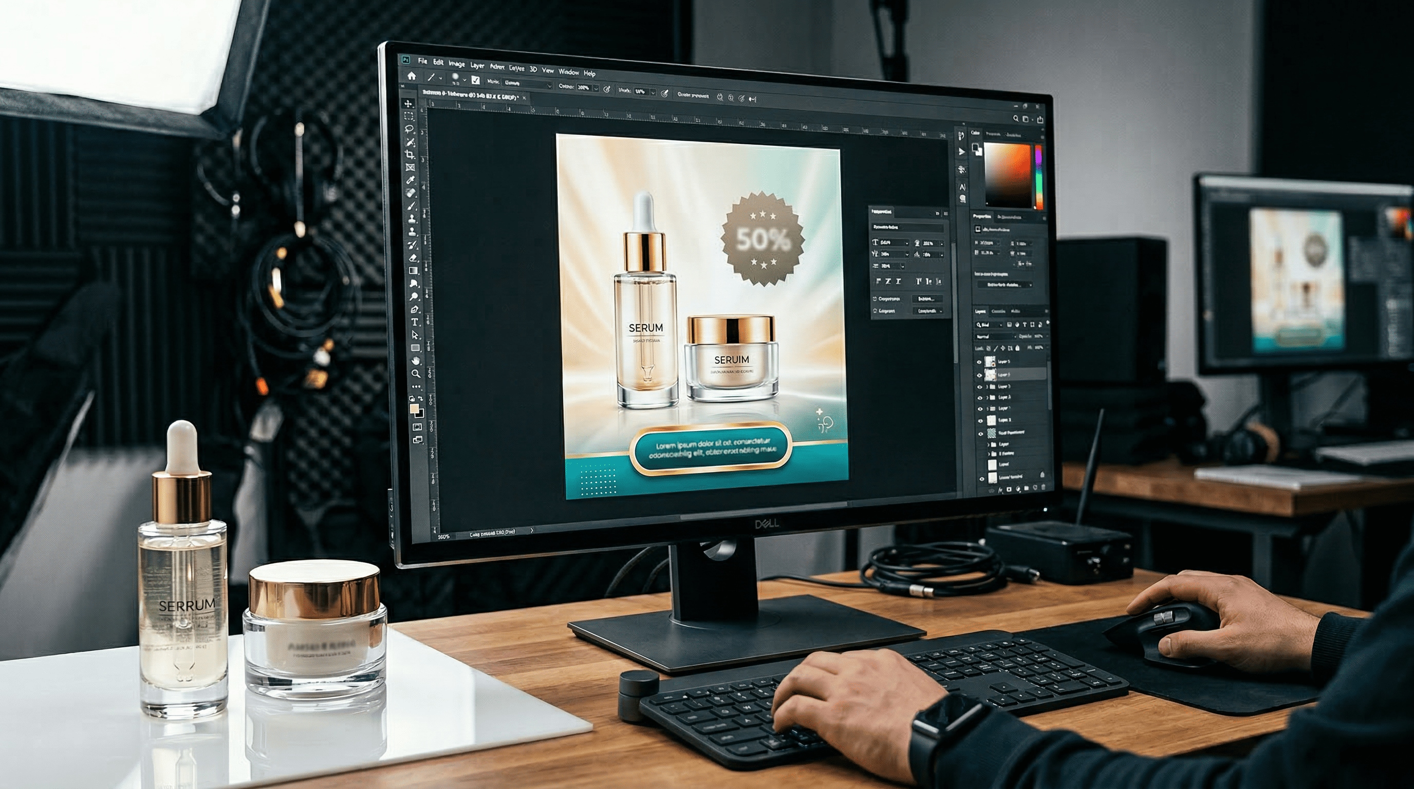 Nahaufnahme eines Hautpflege-Werbeplakats am Bildschirm: CTA-Badges, Typografie-Panel und Text-Overlays, conversionstarkes Creative im Kampagnen-Look mit klaren Produktdetails für Ads.