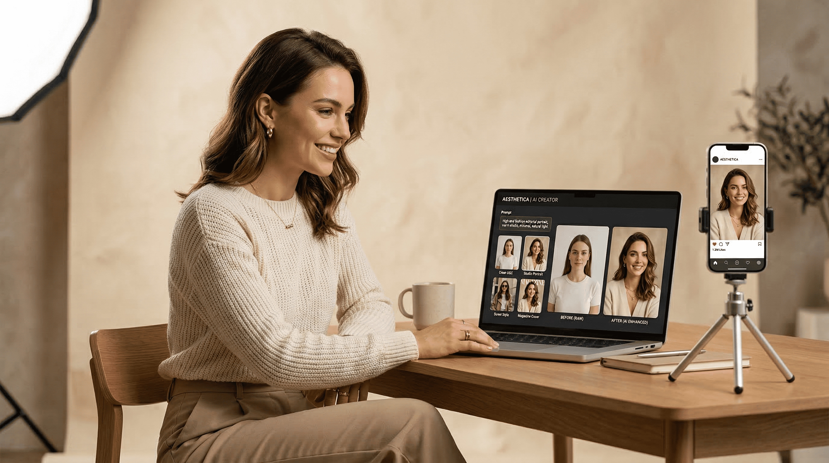 Mode-Studioaufnahme in warmem Beige: Creatorin zeigt KI-Influencer-Look Vorher/Nachher auf Laptop, Smartphone-Preview, Nano Banana 2 Prompts für TikTok und Reels.