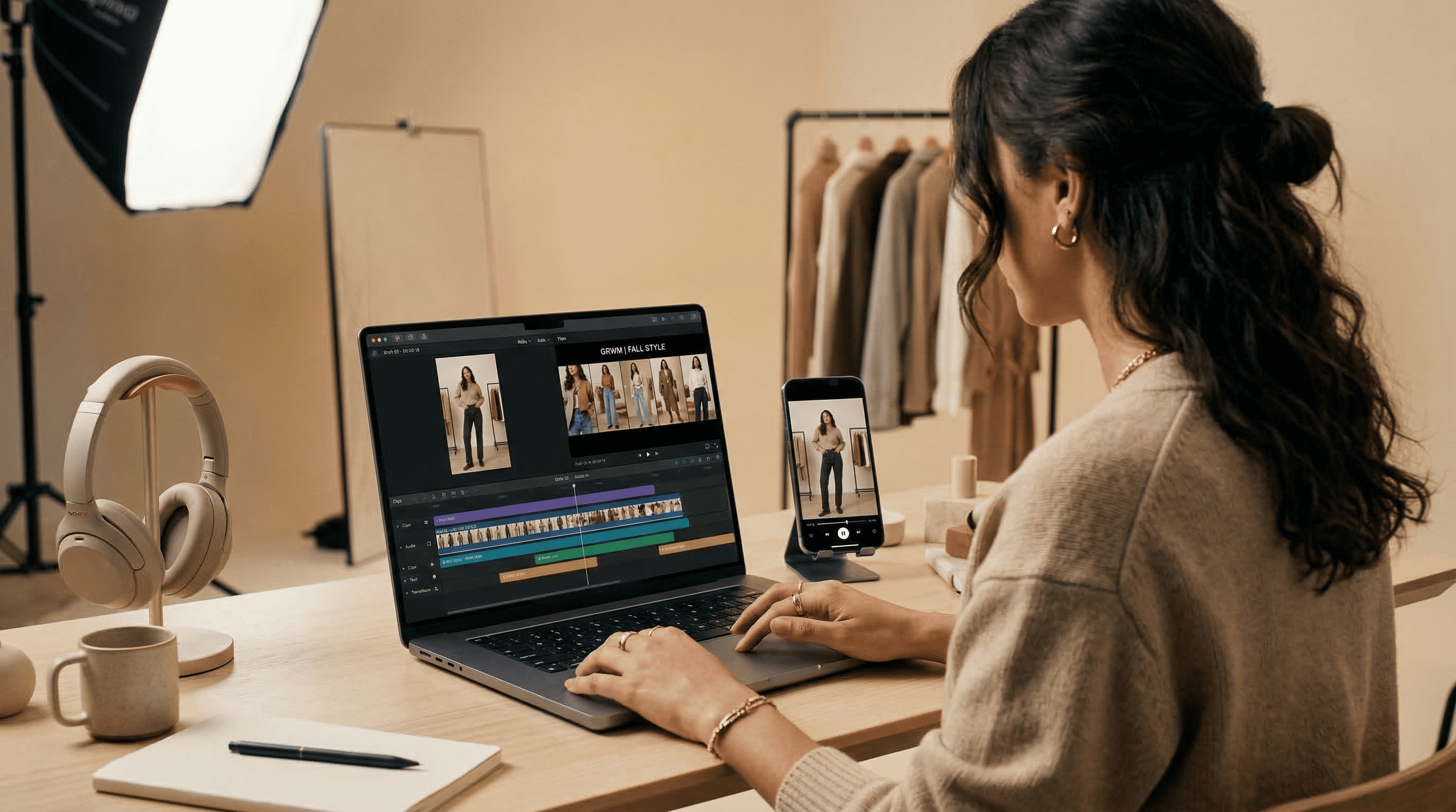 Über-die-Schulter, Fashion-Set warm-beige: Creatorin schneidet Shorts im Editor-Timeline, vertikale Templates, schnelle Übergänge, Smartphone-Preview für TikTok/Instagram, aus Nano Banana 2 Bildern erstellt.