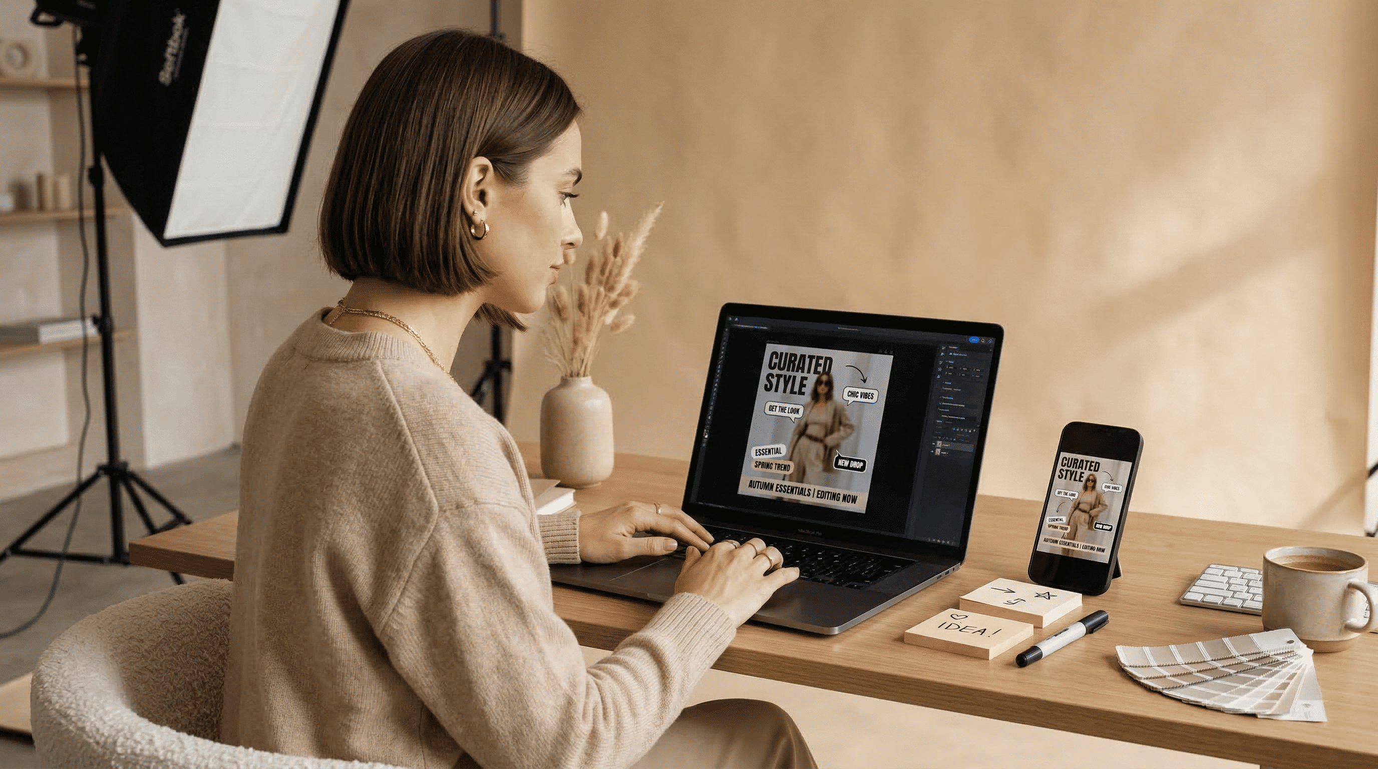 Editorial-Studio in Beige: Creatorin fügt Captions, Sprechblasen und Sticker-Callouts hinzu, Keywords markiert, Smartphone zeigt fertigen Reel-Post mit AI Influencer Prompts.