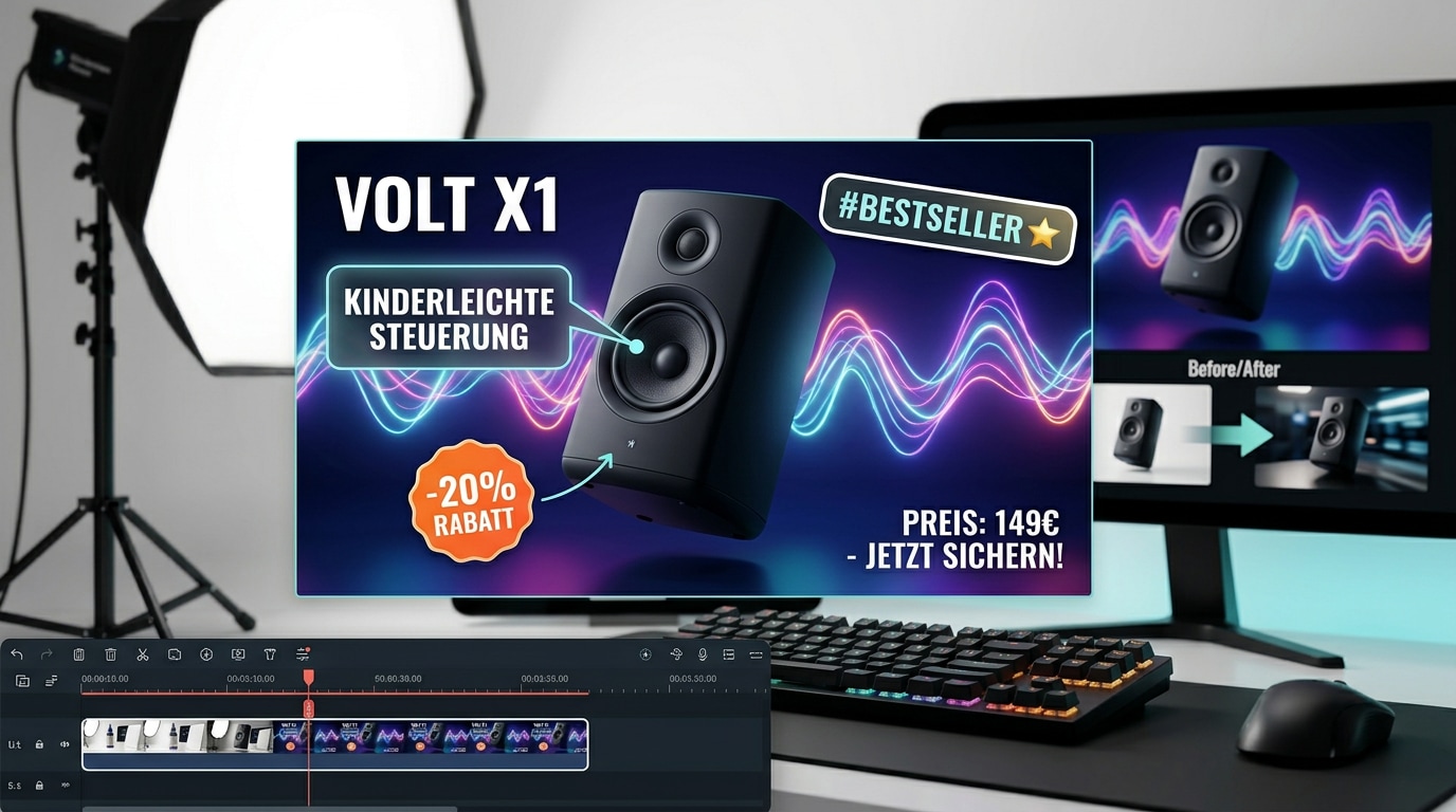 Groß eingeblendetes Werbemotiv für den Lautsprecher „VOLT X1“ auf Monitor, mit Neonwellen, Rabatt-Badge und Vorher-Nachher-Ansicht im Hintergrund.