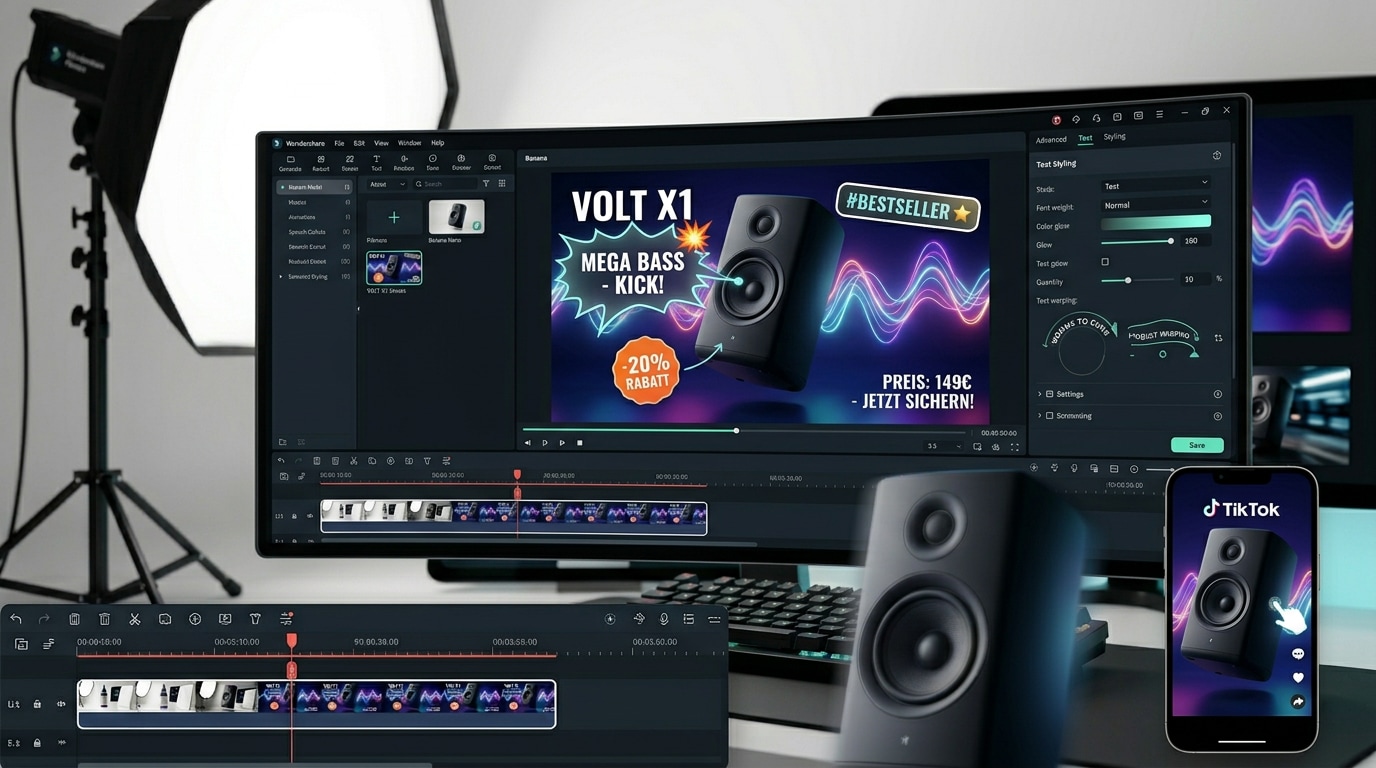 Blaues Serumfläschchen auf weißem Tisch im minimalistischen Home-Studio, mit Softbox, Reflektor und Tablet zur KI-Produktbildbearbeitung im Hintergrund.