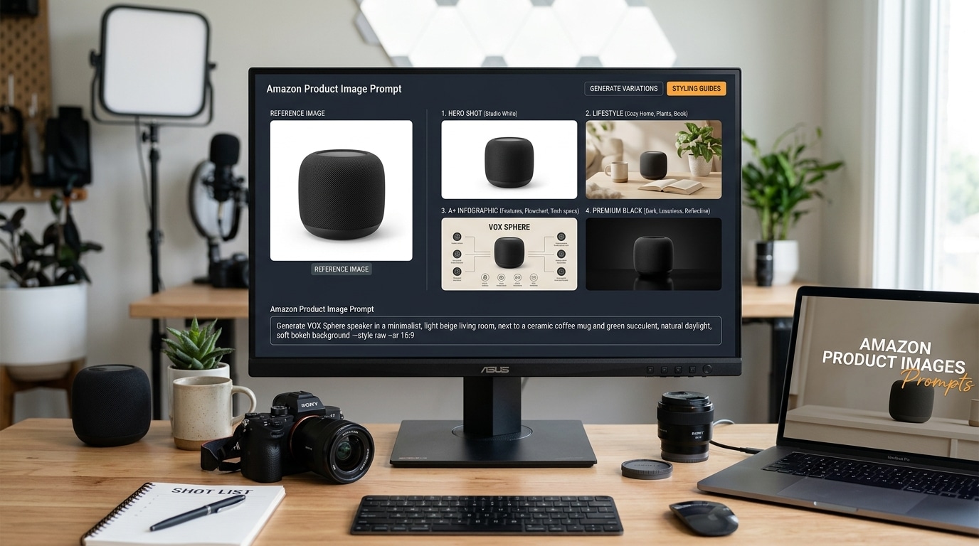 Moderne Wohnzimmerszene mit smarter Lautsprecherbox auf Holztisch, KI-generierte Bildvariationen für Amazon-Produktfotos, natürliche Beleuchtung und minimalistische Einrichtung.