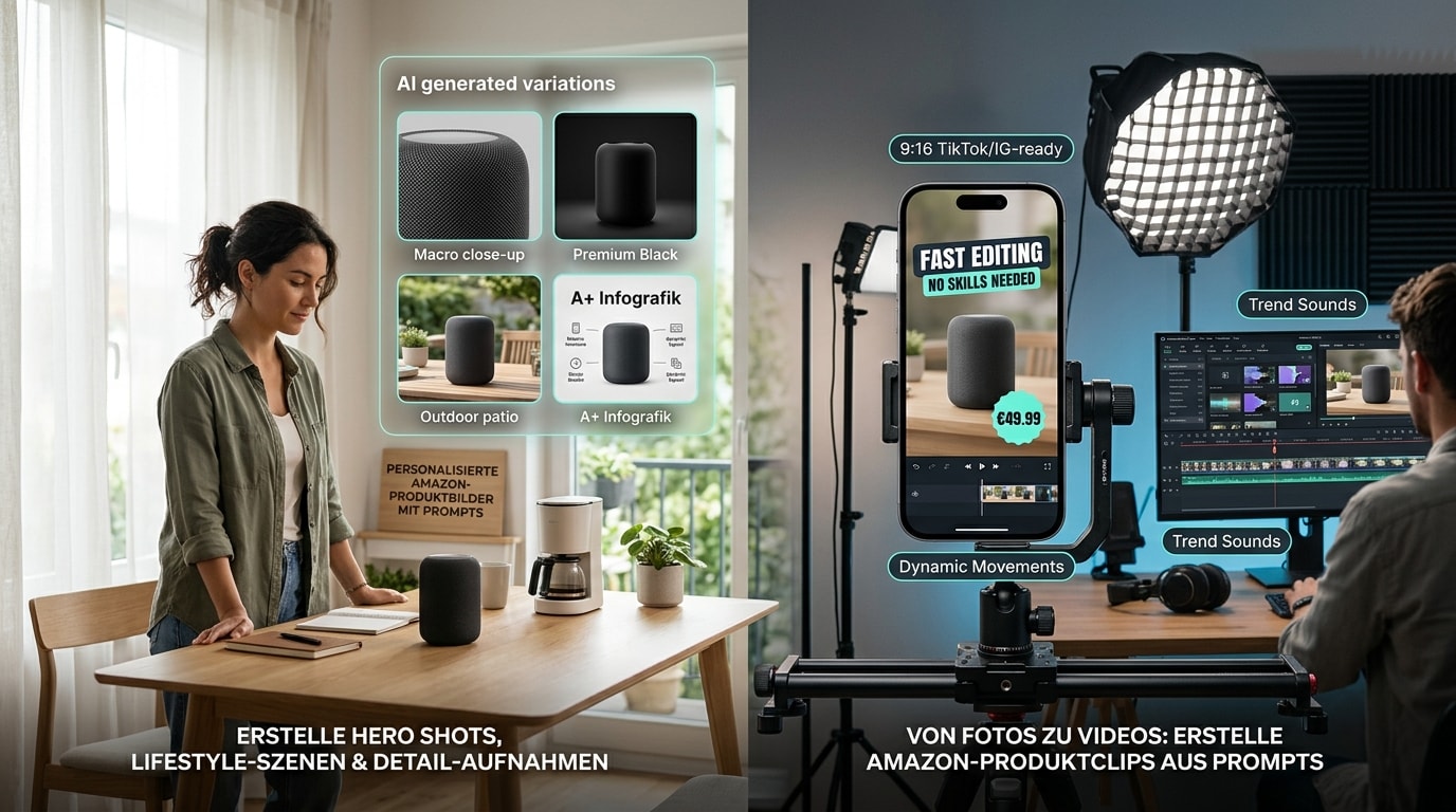 Arbeitsplatz mit Monitor zeigt Amazon-Produktbild-Prompts, Kamera und Zubehör auf Schreibtisch, kreative Content-Erstellung für professionelle Produktfotografie und Marketing.