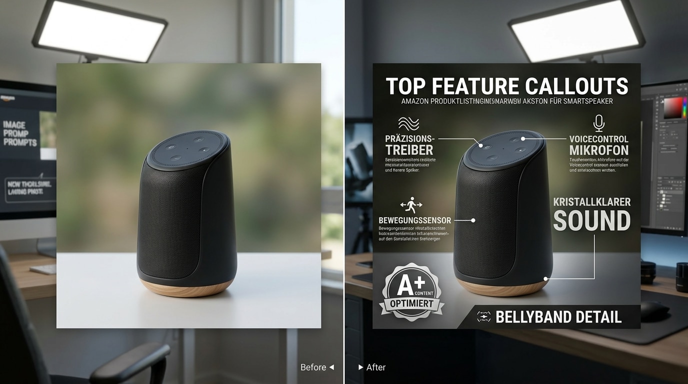 Vergleichsbild eines smarten Lautsprechers vor und nach Bearbeitung, optimiertes A+ Infografik-Design mit Feature-Highlights für überzeugende Amazon-Produktpräsentation.