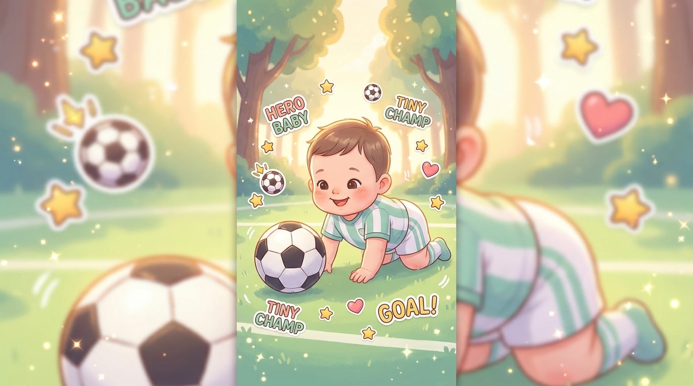 Süßes Baby im Fußball-Outfit neben einem runden schwarz-weißen Fußball, pastellgrüner Hintergrund, Sticker, Glitzer und niedliche Social-Media-Optik für TikTok und Instagram.