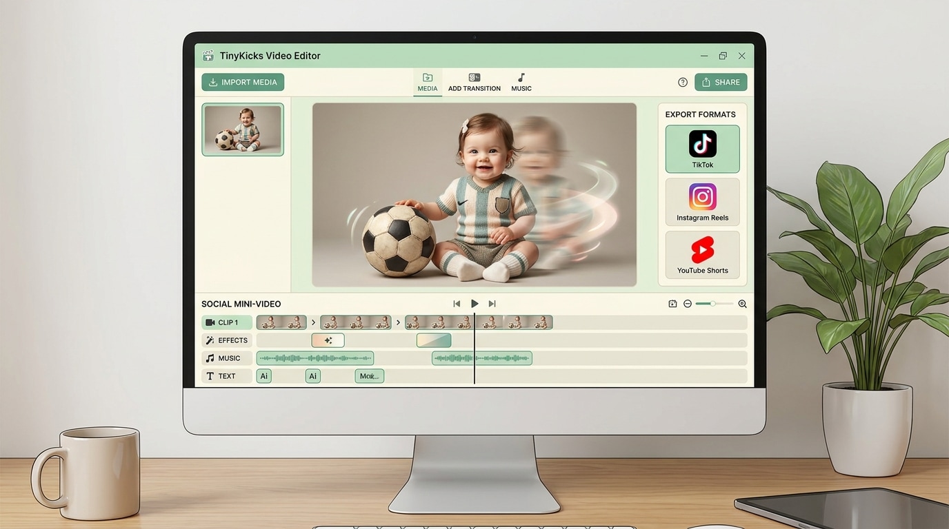Moderner Desktop-Videoeditor zeigt, wie ein Baby-Fußball-Foto in ein kurzes Social-Media-Video verwandelt wird, mit Vorschaufenster, Timeline, Übergängen und rundem schwarz-weißen Fußball.