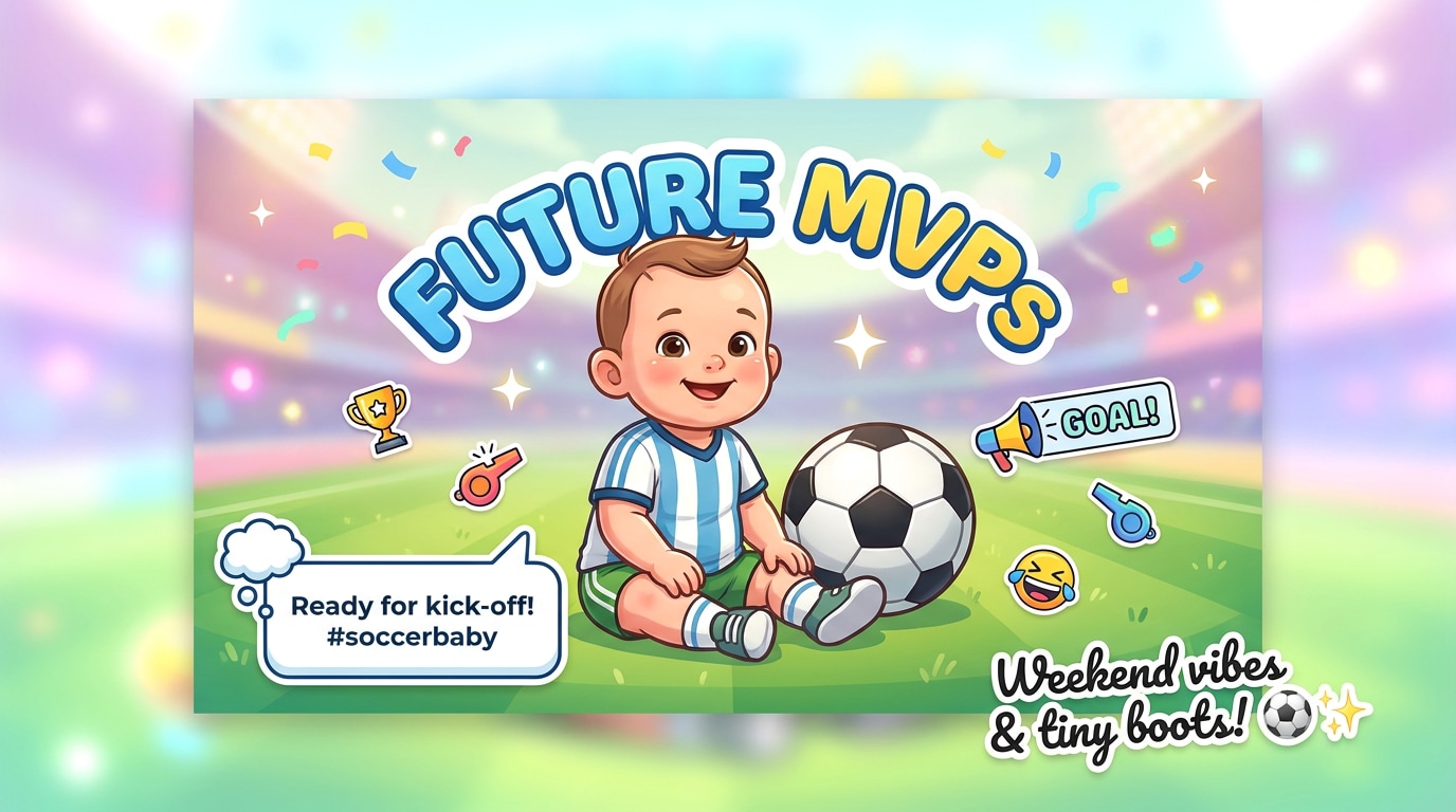 Baby-Fußball-Motiv mit Sprechblasen, trendigen Captions, gebogenem Text, Stickern und farbigen Highlights, süßes Baby neben einem runden schwarz-weißen Fußball in moderner Social-Media-Creator-Optik.