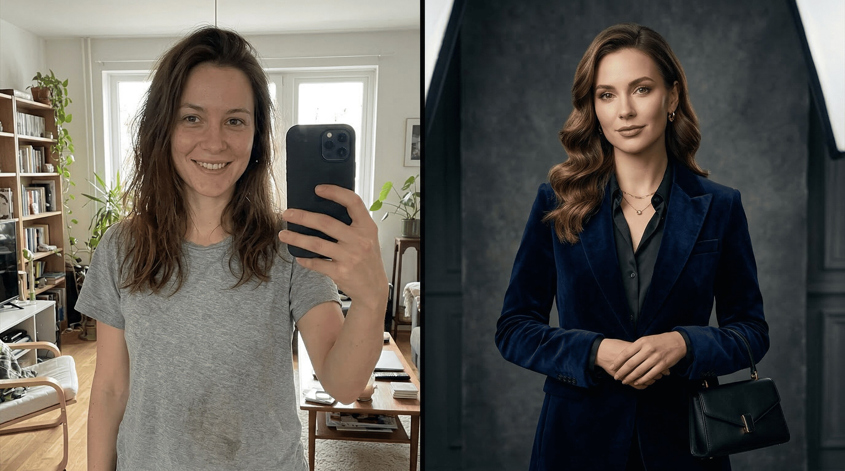 Split-Screen Vorher/Nachher: lässiges Selfie wird zum Luxus-Studio-KV mit Kino-Licht—AI Transformation Prompts High-End Upgrade, fotorealistisch, feine Hauttextur, elegante Kleidung, Werbeästhetik, Details