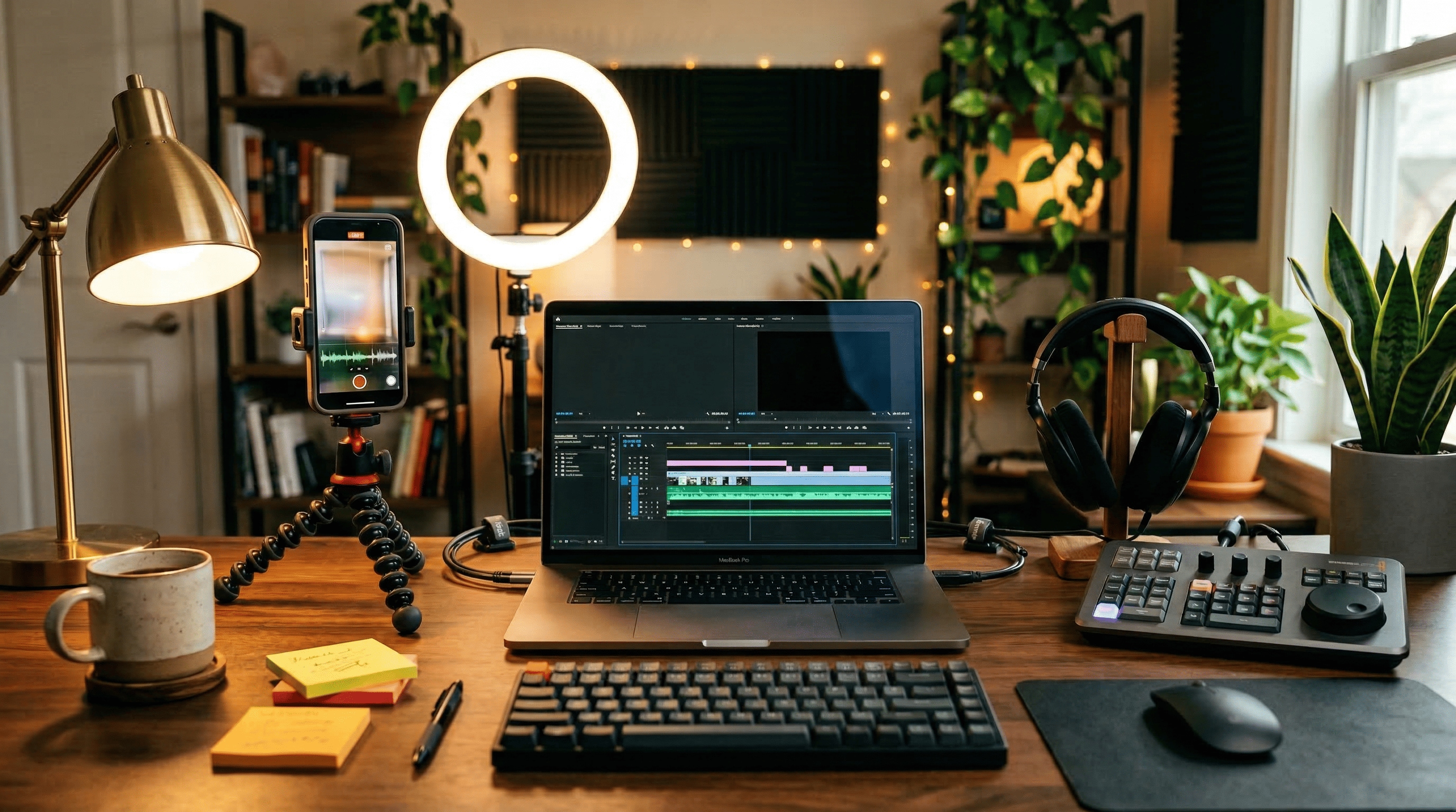 Creator-Desk mit Laptop-Timeline und Smartphone auf Stativ, Ringlicht und Kopfhörern—Photo-to-Video Workflow für AI Transformation Prompts, TikTok Reels Shorts, Setup, fotorealistisch