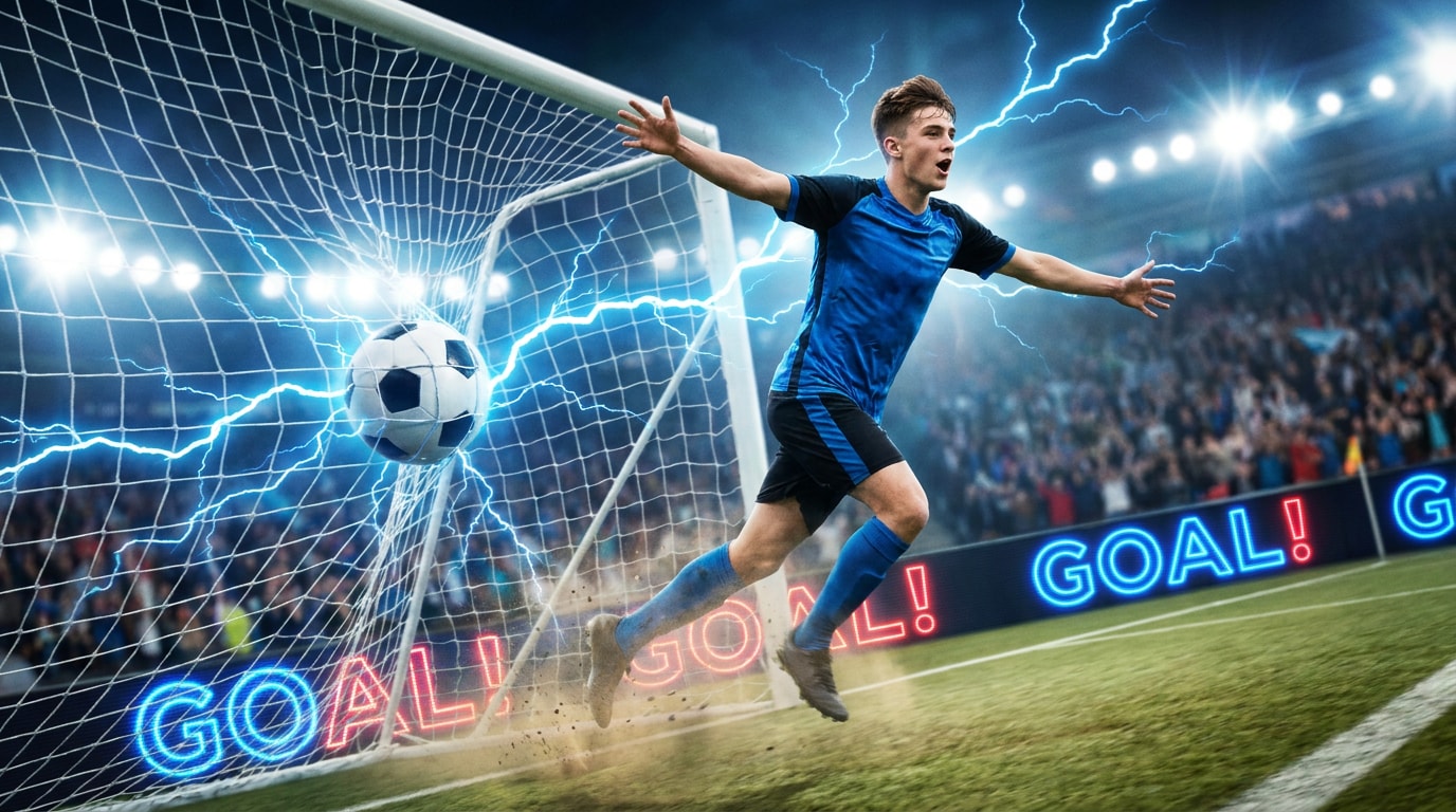 Fußballspieler in einem explosiven Tor-Moment mit Blitz-Effekten, Freeze Frame, Stadionlicht und dynamischer Social-Media-Sportoptik für Blitzschnelle Torhighlights.