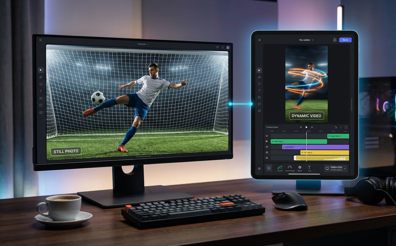 Bearbeitete Fußballszene im Vorher-Nachher-Stil, von statischem Torfoto zu dynamischem Highlight-Video mit Motion-Effekten, Speed Ramps und moderner Creator-Optik.