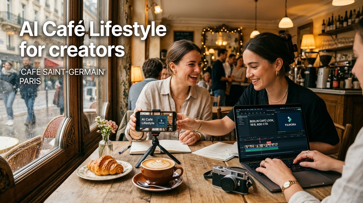 Frau arbeitet im Café am Laptop, erstellt Social-Media-Content mit KI, bearbeitet Menügrafik, Kaffee und Croissants auf Tisch, urbane Atmosphäre.