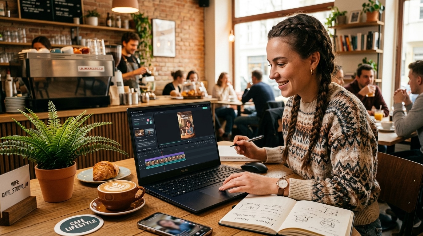 Junge Frau sitzt im Café, schneidet Video am Laptop, Notizbuch daneben, Smartphone zeigt Content, gemütliche Umgebung mit Pflanzen und Barista im Hintergrund.