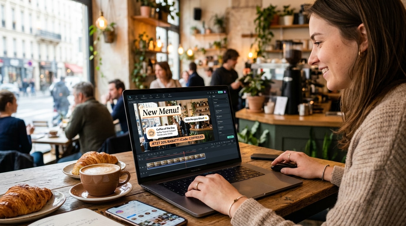 Frau arbeitet im Café am Laptop, erstellt Social-Media-Content mit KI, bearbeitet Menügrafik, Kaffee und Croissants auf Tisch, urbane Atmosphäre.
